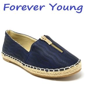 Women Espadrille Zipper Ballet Flats, E-2607, Navy